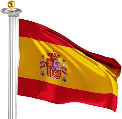 BRUBAKER Asta de Bandera con Bandera de España y Luz Solar y Punta de Bola Oro - 90 x 150 cm Bandera España - 4 m Mástil de Aluminio - Lámpara de Energía Solar - Resistente a la Intemperie
