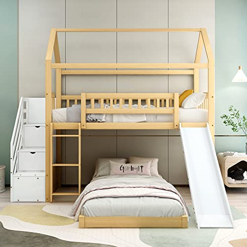 Moimhear Etagenbett mit Treppe mit Handlauf und rechtwinkliger Leiter, Treppe mit Stauraum, Hausbett mit Rutsche, Kinderbett mit Fallschutz und Gitter, Rahmen aus Holz, Natur+Weiß (90x200cm)