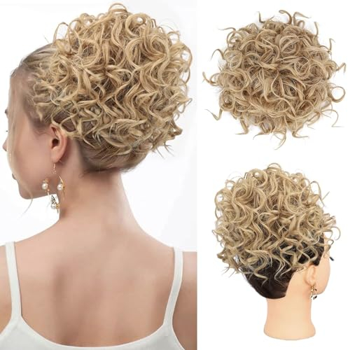 PORSMEER Haarteil Dutt Haar Bun mit Elastischer Kordelzug Kurz Locken Welle Pferdeschwanz Haarteil Kunsthaar wie Echthaar Updo Haarverlängerung zopf für Frauen Tägliche,Blond