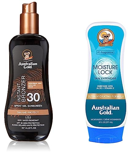 Australian Gold Sonnenschutz Spray with Bronzer SPF 30 plus, 237 ml,1 er Pack & Moisture Lock Tan Extender After Sun Lotion für Gesichts- und Körper, 227 g