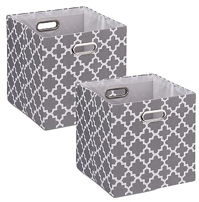 Relaxdays Aufbewahrungsbox aus gemustertem Stoff, 2er-Set, HBT: 30,5 x 30,5 x 30 cm, faltbarer Regalkorb, grau/weiß
