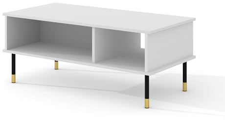 Homlando Couchtisch Sherwood 110x55 cm - Beistelltisch - Tisch für Wohnzimmer - Gefräste MDF-Dekorationen auf Metallbeinen - Kaffeetisch Tisch mit Regal (Weiß Matt)