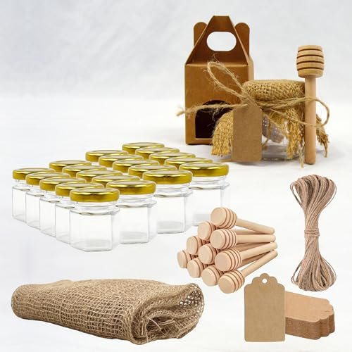 20x Petit Pot de Miel Hexagonal avec Couvercle 45ml + 20x Boîte Kraft pour 1 Pot + 20x Cuillère de Miel + 20x Bande de Tissu de Jute + 20x Étiquette Kraft + Ficelle de Jute - Conservation de Miel