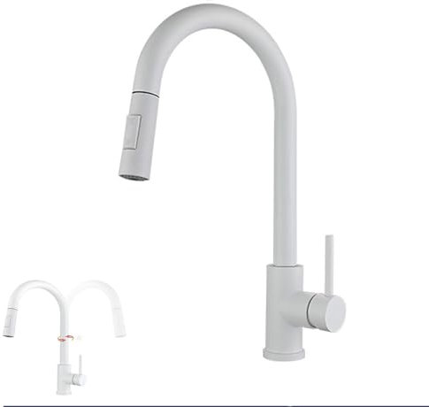 RADAAB Rubinetto Cucina con Doccetta Estraibile, Miscelatore da Cucina Girevole a 360° in Acciaio Inox, Rubinetto per Cucina Alta Pressione, Miscelatore Cucina a 2 modalità,Bianco