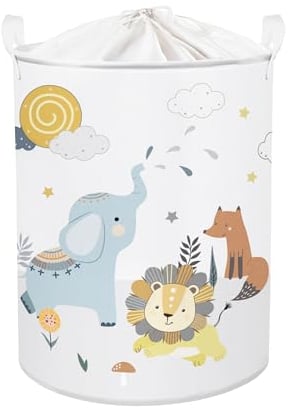 Clastyle 63L Waldtier Löwe Elefant Weiß Kinder Wäschekorb für Jungen Mädchen Große Fuchs Kleidung Spielzeug Aufbewahrung mit Deckel für Kinderzimmer, 40x50 cm