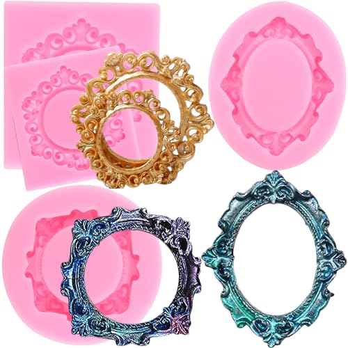 RFGHAC Photo Frame Fondant Moulds Vintage Frame Moulds Picture Frames Silicone Mould for Cake Decoration Cupcake Topper Gum Paste Chocolate Candy Polymer Clay Set of 4