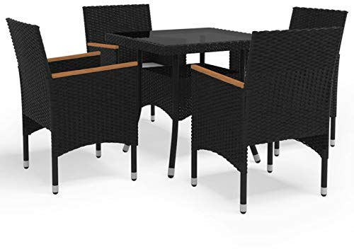 Gecheer 5-TLG. Garten Sitzgruppe Gartenmöbel Set Garten Essgruppe Gartengarnitur Sitzgarnitur Set 4 Sessel mit Tisch Rattanmöbel Balkonmöbel Set Terrassenmöbel Schwarz Poly Rattan und Akazienholz