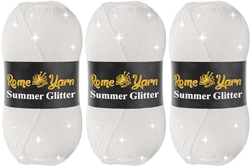 Rome Yarn Summer Glitter | 3 x 100g | Sommer Glitzer Garn | Seideneffekt | Anti-Pilling Metallic-Wolle | Acrylgarn Simli Wolle | Glitzerwolle (10 Weiß)