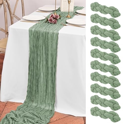 Teruntrue 10er-Pack Tischläufer Salbeigrün, Käsetuch-Tischläufer, 3 m lang, Boho-Tischläufer, Gaze-Tischläufer für Geburtstagsparty, Festival, Hochzeitsdekoration (Salbeigrün)