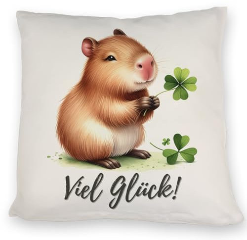 speecheese Capybara mit Kleeblatt Kissen mit Spruch Viel Glück niedliches Kissen mit süßem Capybara - für Tierliebhaber und Nager-Fans