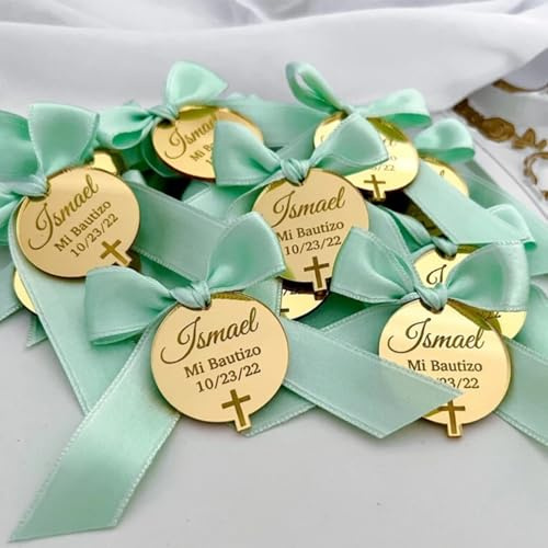 MXN Acryl-Spiegel-Etiketten, personalisierbar, personalisierbar, personalisierbar, Taufkelch für Baby, runder Kreuzspiegel aus Acryl, für Taufe, Hochzeit