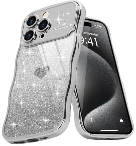 Teageo Cute Heart Pattern Curly Phone Case for iPhone 15 Pro Max, Wave Frame Glitter Case for Girls Women Aesthetic Bling Cover Shockproof Soft TPU Bumper for iPhone 15 Pro Max, Silver
