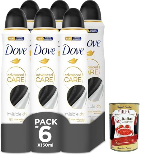 Dove deo Advanced Care Deodorant original Invisible Dry, deo Mit feuchtigkeitsspendenden und empfindlichen Formel,ohne Alkohol, 72 Stunden, 6x 150 ml + Italian Gourmet polpa 400g