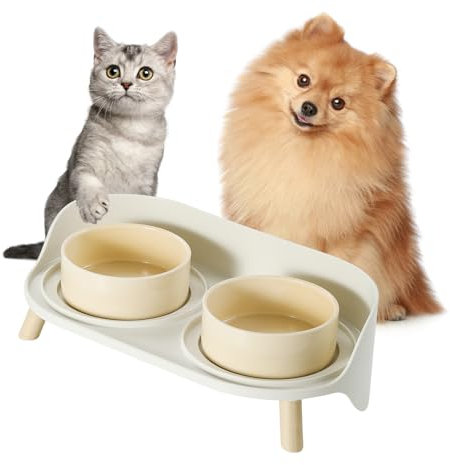 Elevated Ceramic Dog Bowl Set - Double Dog Bowls with Splash Proof Stand - Dog Food and Water Bowl Set - Candy Colored Dog Feeding Bowls - Pet Dishes for Cats and Puppies - 1 Cup (10 fl oz) - Khaki