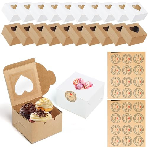 TAIXING 20 Pcs Individual Cupcake Boxes, 4 Inch Brown/White Small Cake Boxes with Heart Shape Clear Window, Mini Bakery Boxes with Stickers for Cakes Pastries Donuts Chocolate Cookies Candies Treats
