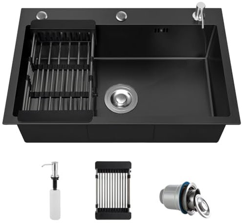 Fregadero de cocina integrado negro, fregadero de tazón único de acero inoxidable, fregadero de instalación superior con grifo de extracción, dispensador de jabón (Sin grifo, 50 * 45 * 20cm)