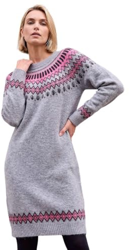 Roman Thick Jumper Dress for Women UK Ladies Fairisle Aztec Knitted Knit Sweater Knitwear Autumn Winter Holiday Round Neck Long Sleeve Soft Knee Length Sweat Warm