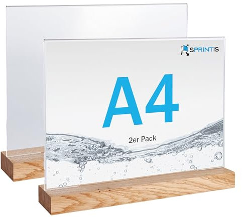 SPRINTIS Acryl-Tischaufsteller mit Holzfuß A4 Querformat aus Eiche, Acryl Aufsteller Holz für Hochzeit und Gastronomie, für Inhalte 21 x 29,7 cm
