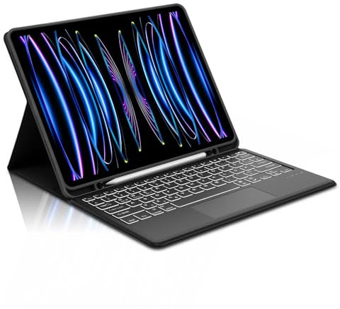 Occtingkind Für iPad Pro 12,9 Hülle mit Tastatur, Trackpad & 7-Farben-Beleuchtung, für iPad Pro 12,9 3-6. Gen (2018-2022) (A2231/A2459 u,a,) – Deutsches QWERTZ, USB-C, Schwarz