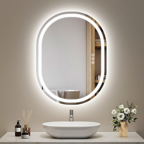 EMKE Badspiegel mit Beleuchtung oval 60x80cm, Ovaler Spiegel mit 3 Lichtfarben Dimmbar, Antibeschlag, Touch, Speicherfunktion, Energiesparend Badezimmerspiegel mit Beleuchtung