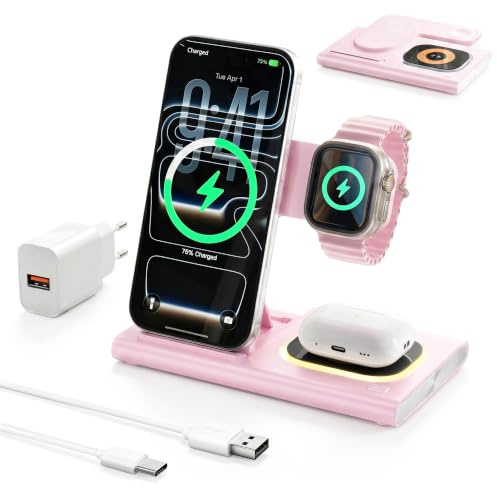 Aimtel 3 in 1 Induktive Ladestation Faltbare&Nachtlichter Kompatibel mit iPhone 17/17 Pro/17 Pro Max/17 Air/16/15/14/13,Apple Watch 11/Ultra 3/10/9/8/SE 3 für Air-Pods Pro/4/3/2 Kabelloses Ladegerät