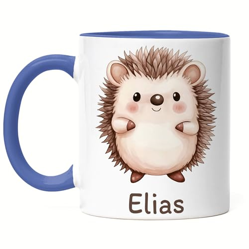 Kiddle-Design Kindertasse mit Namen Personalisiert, Personalisierte Tasse Kinder mit Igel, Namenstasse Igeltasse, Kinderbecher als Geschenk zur Geburt, Taufe Weihnachten - Tasse Blau