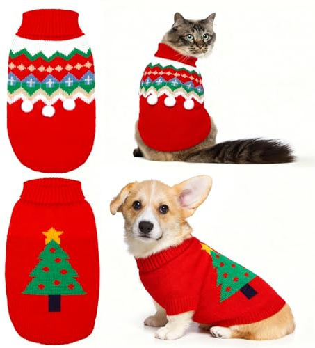 2 Stück Weihnachtspullover Hund Katzen, Rollkragen Hundepullover Weihnachten, Weihnachten Haustier Warme Winter Strickpullover für Hunde, Welpen und Katzen Party Geschenk