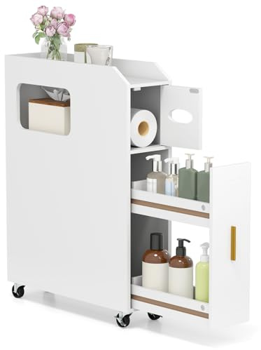 GOPLUS Badezimmerschrank schmal, Nischenschrank mit Rollen & Papier- & Bürstenhalter, Schiebeschrank mit Schublade & Tür, für Waschküche, Wohnzimmer, Badezimmer, 50 x 16 x 69 cm (Weiß)