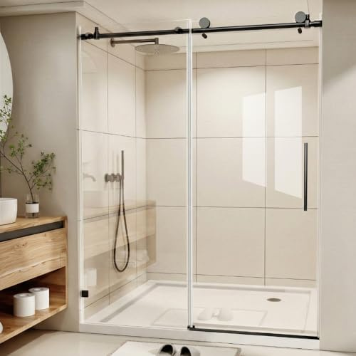 Porta doccia senza cornice con tubo superiore rotondo, 142,2-152,4 cm di larghezza x 193 cm di altezza, porta scorrevole in vetro, nero opaco, vetro trasparente temperato da 6 mm, con pellicola a