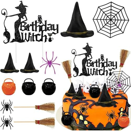 Wasise Witch Cake Decorations - 13 PCS Wicked Cake Topper, Wicked Party Decorations, Spooky Cakes Topper with Witch Hat Broom Spider Web Glitter Happy Birthday Decor, Witch Wizard Theme Baby Shower