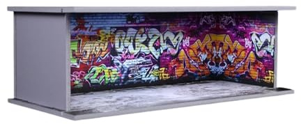 harayaa Modellino da Garage per Auto in 1:64 con vetrina espositiva per Diorama da Garage a LED con Ruote pressofuse, Muro di Graffiti