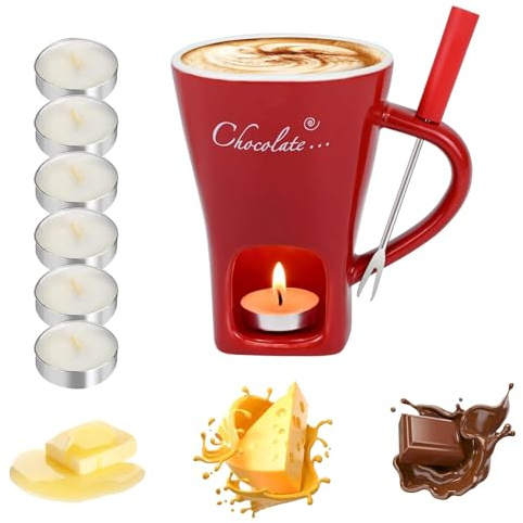 Schokoladen-Fondue-Tassen-Set, Keramische Schmelztasse mit Gabeln & 6 Kerzen, Mini Käse- & Butterwärmer für Heiße Schokolade & Desserts, Geschenk für Date Night, Geburtstag & Hochzeit (Rot) (C)