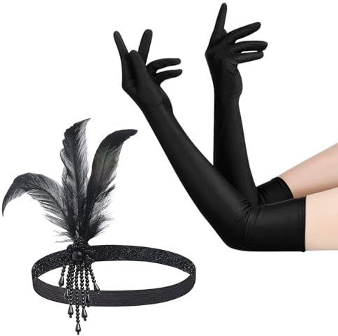 AIWXEEU 1920er Jahre Flapper Stirnband, Lange Handschuhe und Flapper Feder Haarband, Gatsby Kostüm Accessoires, 1920er Jahre Charleston Accessories für Frauen Fasching Weihnachten Party, Schwarze