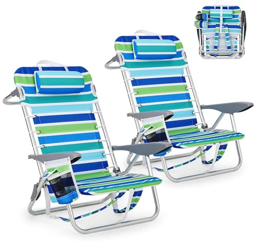 Garvee Chaises De Plage Pliantes Lot De 2 – Dossier Inclinable 5 Positions – Aluminium Léger – 136 kg – Style Sac à Dos – Porte-Gobelet, Barre à Serviette, Poche Téléphone – Parfaites Camping, Piscine