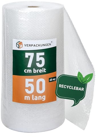 BB-Verpackungen 2x PROFI Luftpolsterfolie 0,75 x 50 m Versand, Verpackung, Umzug 2-lagig (2 Rollen) | 60 my stark, extrem robust, sehr leicht, 100% recycelbar