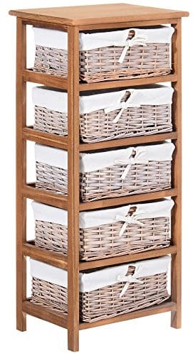 HOMCOM 5 Drawer Dresser Wicker Basket Storage Shelf Unit Wooden Frame Home Organisation Cabinet Bedroom Office Furniture Natural Finish
