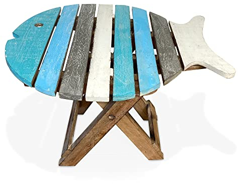 Small Wooden Folding Fish Shaped Side Table with Distressed Finish | Blue and Whitewash Wood Colours | Bring a Simple Seaside Feel to Any Room or Would fit into a Nautical Themed Room