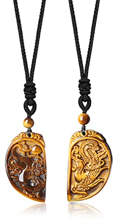 COAI Geschenkideen Glückskette aus Gelbem Tigerauge Drachen und Phönix Gravur Anhänger EIN Paar Partner Ketten