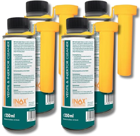 INOX Ventil und Einspritzdüsenreiniger Additiv 4x250ml – Benzin Additiv zur Reinigung von Einspritzsystem, Ventilen & Brennraum – Kraftstoffsystem Reiniger für Ottomotoren – 1 Dose bis 60L