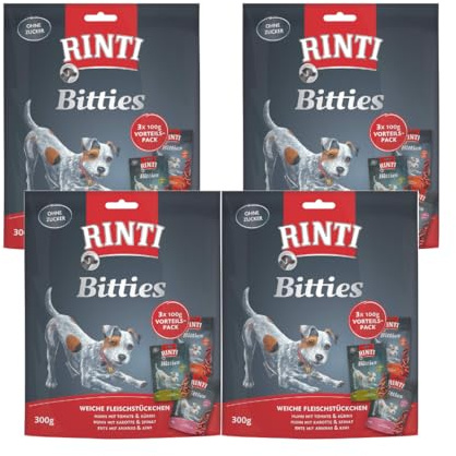 Rinti Bitties Multipack Sortenvielfalt | 4er Pack | 4 x 3 x 100 g | Softe Fleisch-Snacks für Hunde | Schonend luftgetrocknet und ohne Fleischmehle & Soja | 3 Sorten
