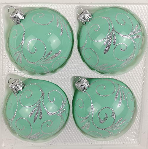 4 TLG. Glas-Weihnachtskugeln Set 12cm Ø in Hochglanz Modern Mint Silberne Ornamente Edle Neuheit - Christbaumkugeln - Weihnachtsschmuck-Christbaumschmuck 12cm Durchmesser
