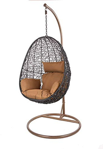 Kideo Swing Chair, Lounge-Möbel, Loungesessel Polyrattan, Hängestuhl, Hängesessel mit Gestell & Kissen (schwarz/braun)