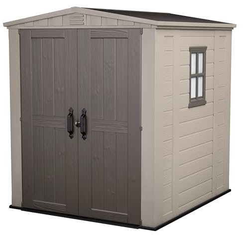 Keter Factor 8x8 Foot Large Resin Outdoor Shed with Floor for Patio Furniture, Lawn Mower, and Bike Storage, Taupe & Brown