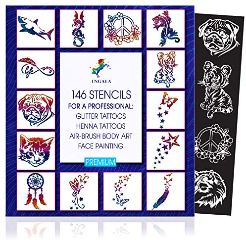 INGALA PREMIUM Schablonenset - 146 kunstvolle Glitzer Tattoo Schablonen für Kinder, Teenager und Erwachsene. Verwendbar als Henna Tattoo, Airbrush, Schmink- und Face Painting Schablonen.