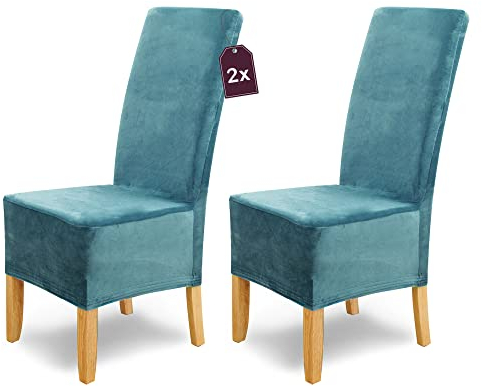 Scheffler Home Stuhlhussen Puma Velano Türkis 2er Set – Elastische waschbare Stuhlbezüge aus Samt für Esszimmerstühle und Polsterstühle – Edler Chenille Stuhlüberzug