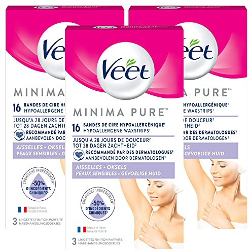 VEET Pure Kaltwachsstreifen, Achseln, empfindliche Haut, empfohlen von Dermatologen, langanhaltende Haarentfernung, 3 x 48 Stück