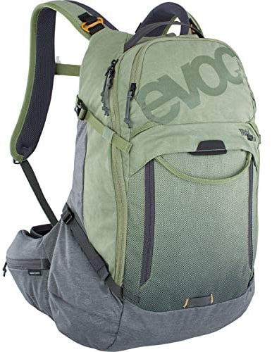 EVOC TRAIL PRO 26l Protektor Rucksack für Fahrradtouren, Backpack (LITESHIELD PLUS Rückenprotektor, leichter Fahrradrucksack, breite Hüftflossen, 3l Trinkblasenfach, Größe: L/XL), Olive/Carbon Grau