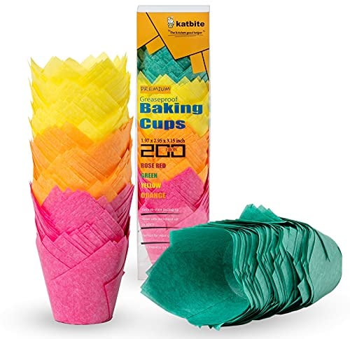 katbite Tulpen Muffinförmchen aus Papier, 200 Stück Cupcake Backbecher für Party Hochzeit Geburtstag, Muffinform in Rosa, Gelb, Orange, Grün