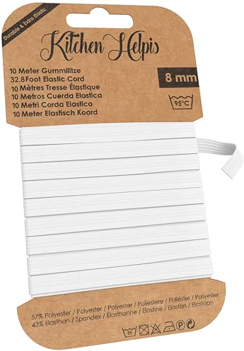 Kitchen Helpis Cordon Elastico de Calidad, 10 Metros, 8 mm, Goma Elastica, Cuerda Elastica, Goma Plana, Cinta de Lavar, Cordon Elastico, Goma, Elastico para mascarilla, Alambre para mascarillas