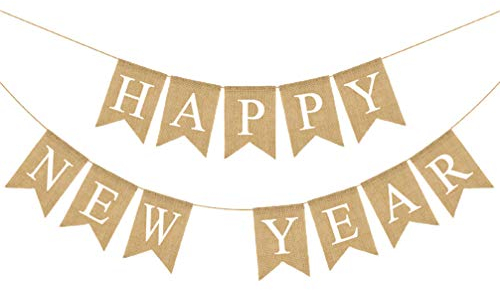 Amosfun 2023 Frohes Neues Jahr Banner Happy New Year Wimpel Girlande Leinen Wimpelkette Vintage Jute Sackleinen Banner Neujahr Silvester Party Hängende Dekoration Ornament Zufällige